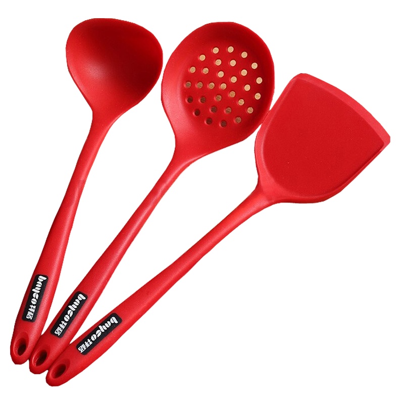 拜格BAYCO 硅胶铲不粘锅铲耐高温家用炒菜铲子汤勺漏勺套装红色硅胶3件套
