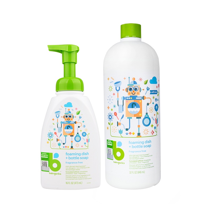 甘尼克Baby Ganics 泡沫型奶瓶餐具清洁液(无香)473ml+泡沫型奶瓶餐具清洁液补充装(无香)946ml