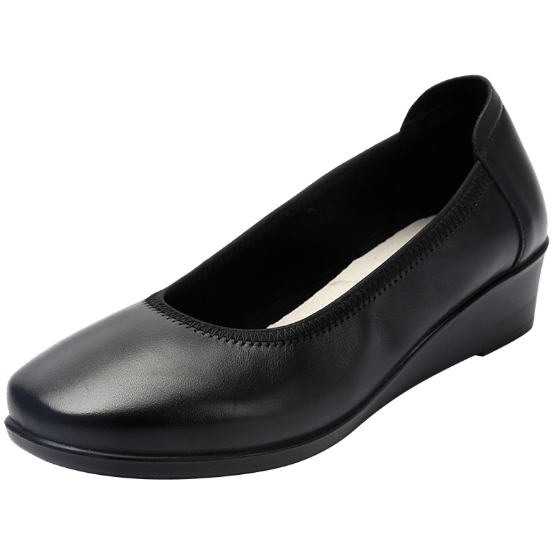 工作鞋女黑色软底工鞋上班防滑职业皮鞋秋季2019舒适大码平底单鞋