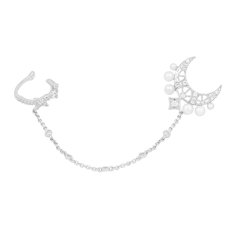 apm MONACO单只月亮&星星珍珠耳骨夹女士 气质时尚晚宴链条耳夹925银耳饰
