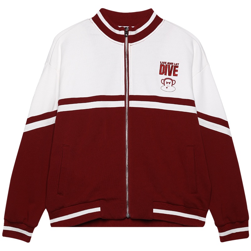 大嘴猴春秋季新款外套女韩版拼接撞色复古潮棒球服 L 酒红色