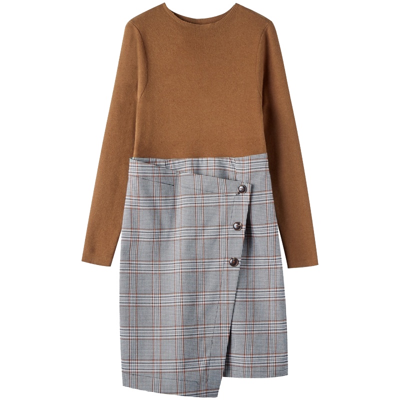 拉夏贝尔针织衫连衣裙假两件女装冬季高腰长袖韩版气质拼接中长款直筒裙子30084236