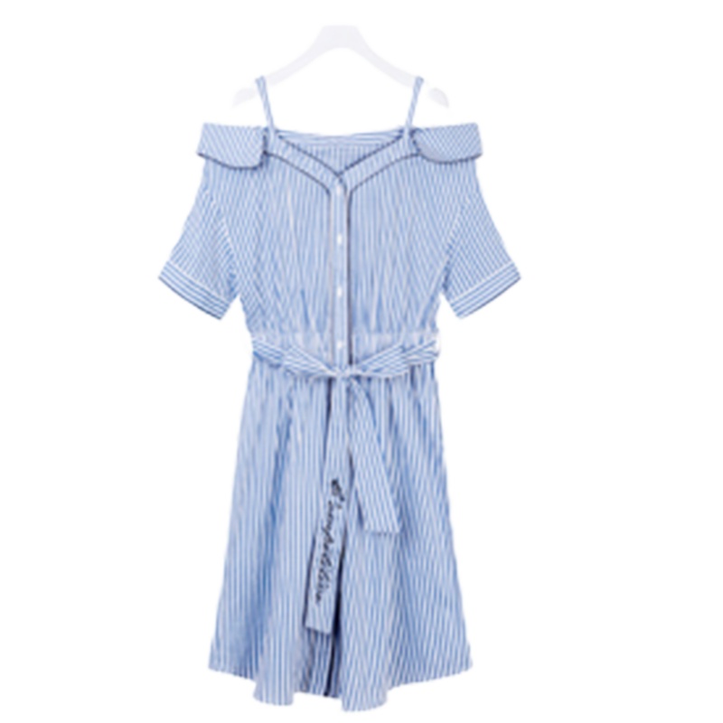 【专柜同款】拉夏贝尔夏吊带学生韩版清新初恋一字肩显瘦竖条纹连衣裙10017658