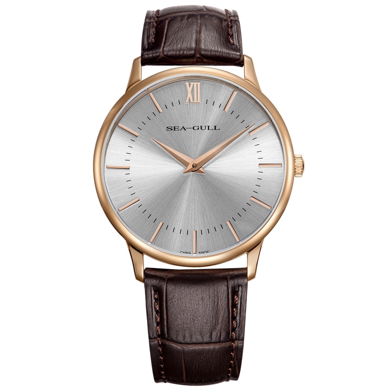 海鸥表(SEAGULL)男士手表纤薄简洁复古 手动机械表 钟世纪6003系列 白盘条棍棕带