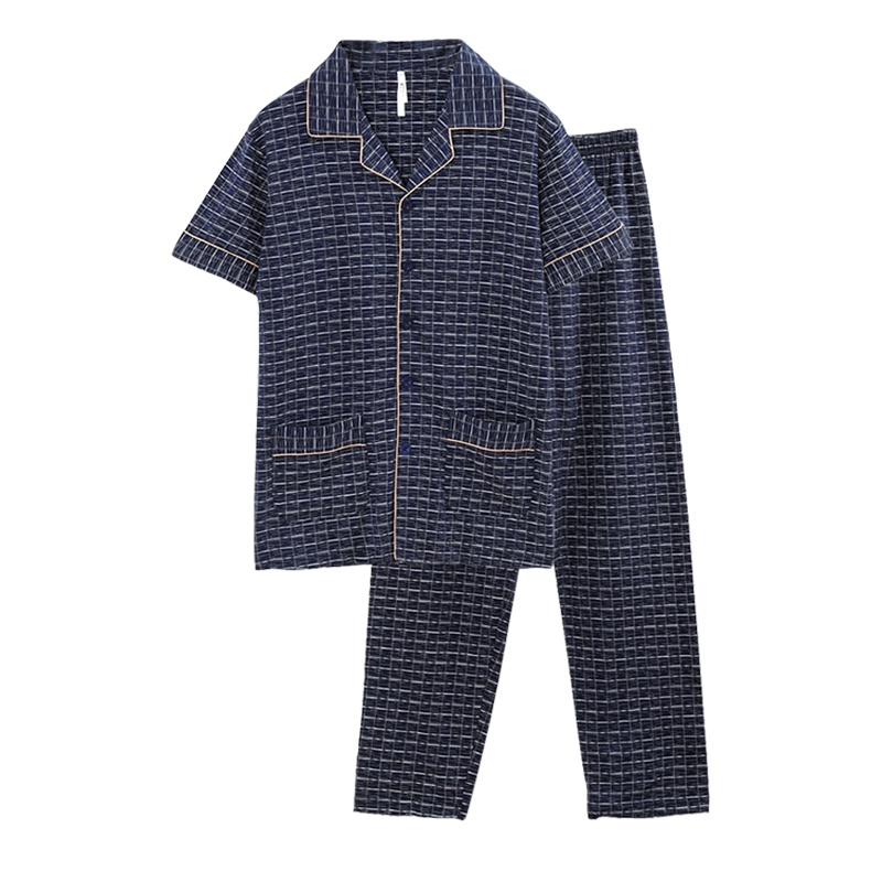 红豆居家Hodohome男式纯棉短袖家居服套装男士格子翻领睡衣套装可外穿