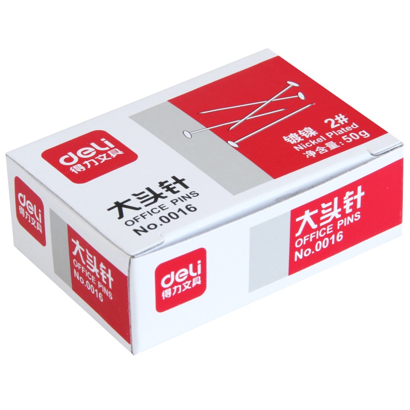 得力（deli）0016 镀镍大头针 别针/曲别针 金属固定针 财务文具办公用品 2# 50枚 单盒装
