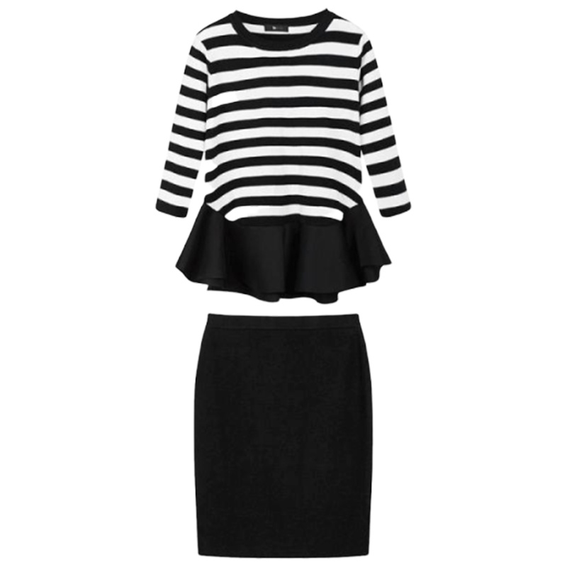 7m新款时尚休闲条纹荷叶边半身裙黑色针织套装两件套女7000999