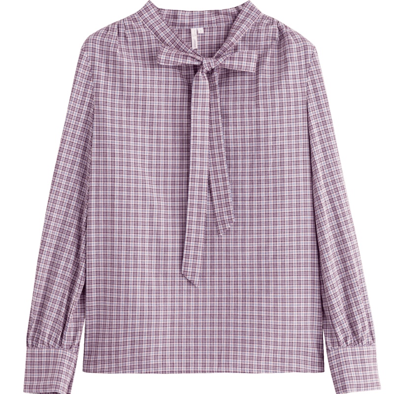 茵曼衬衣2019秋装新款纯棉甜美系带小立领文艺格纹衬衫女长袖衬衣