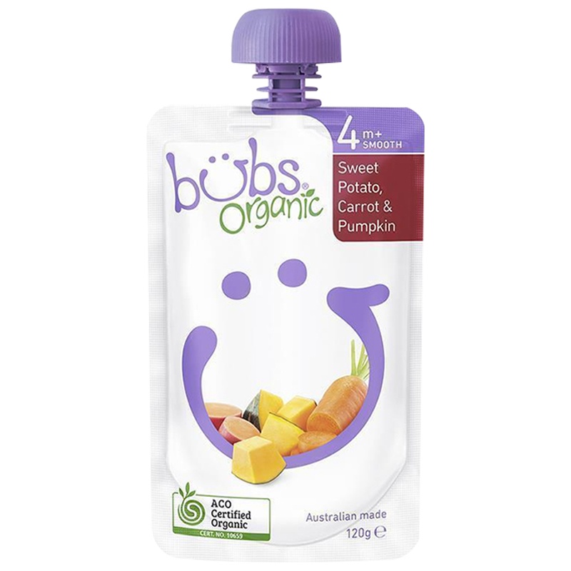 贝儿(Bubs)婴幼儿辅食营养有机甜薯胡萝卜南瓜味蔬果泥120g/袋装 澳洲原装进口有机果蔬泥 4个月以上
