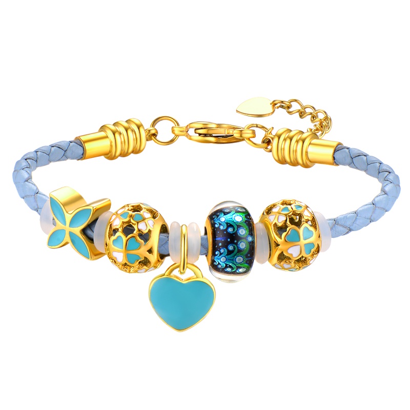 蒂蔻 时尚爱心形琉璃珠手链女款森系小清新四叶草浅蓝色手绳情人节表白礼物送女生送女朋友