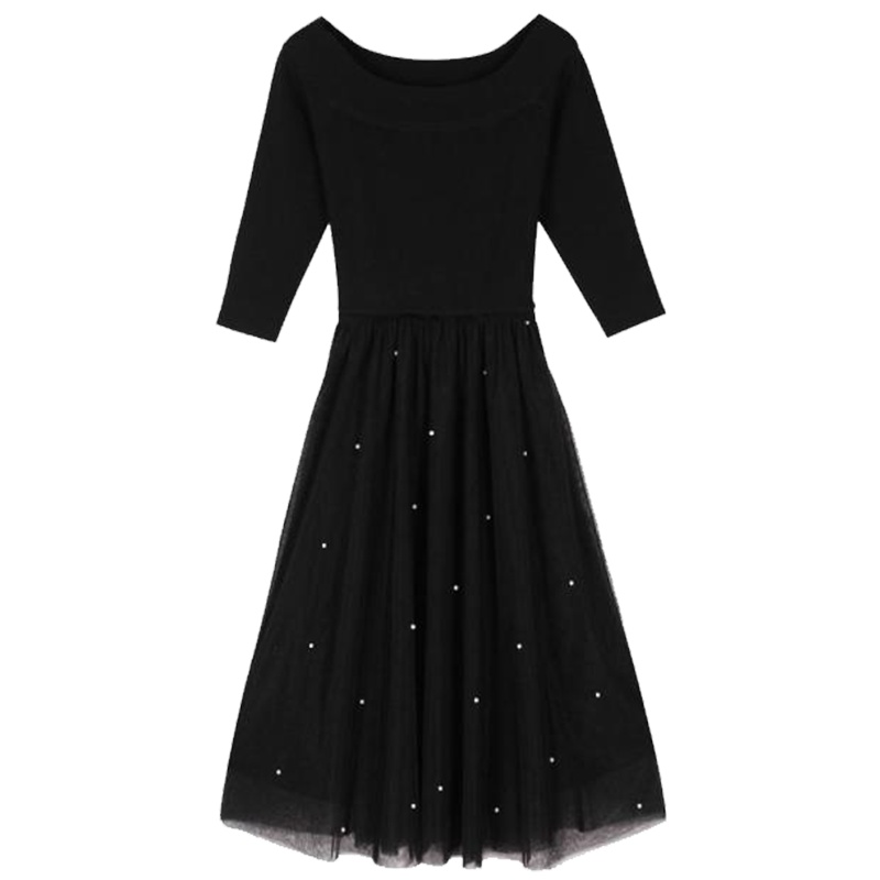 【专柜同款】一字肩连衣裙女士秋季新款高腰打底拼接网纱百褶裙中长裙子30084352