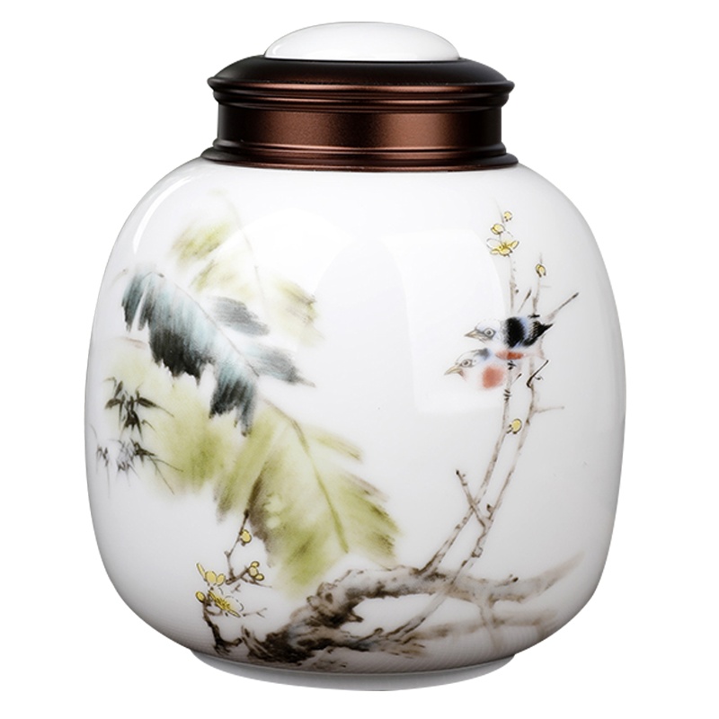 LICHEN 景德镇茶叶罐陶瓷密封储物干坚果罐子中草药防潮防虫带盖罐约半斤装双层金属盖子 翠鸟B