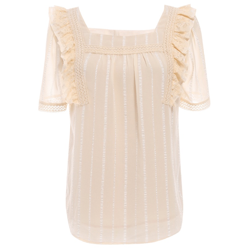 欧昵雪新套头方领拼接荷叶边显瘦雪纺衫女短袖时尚小衫