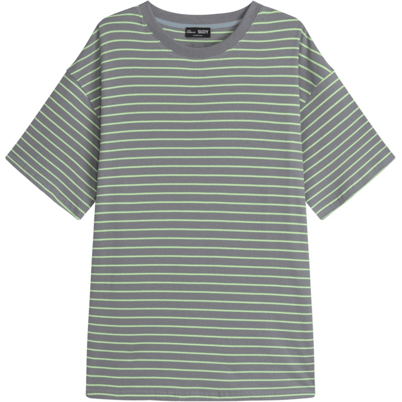 OtherMix宽松男友风T恤2021年夏季新款条纹五分袖中长款上衣女潮