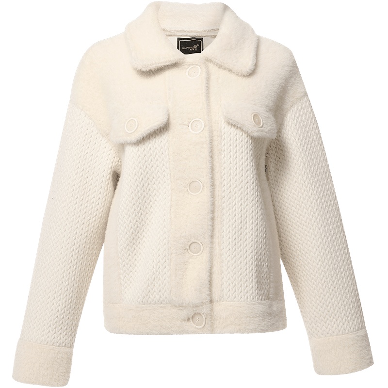 欧昵雪秋冬季翻领拼接针织长袖宽松毛绒绒短款外套女上衣