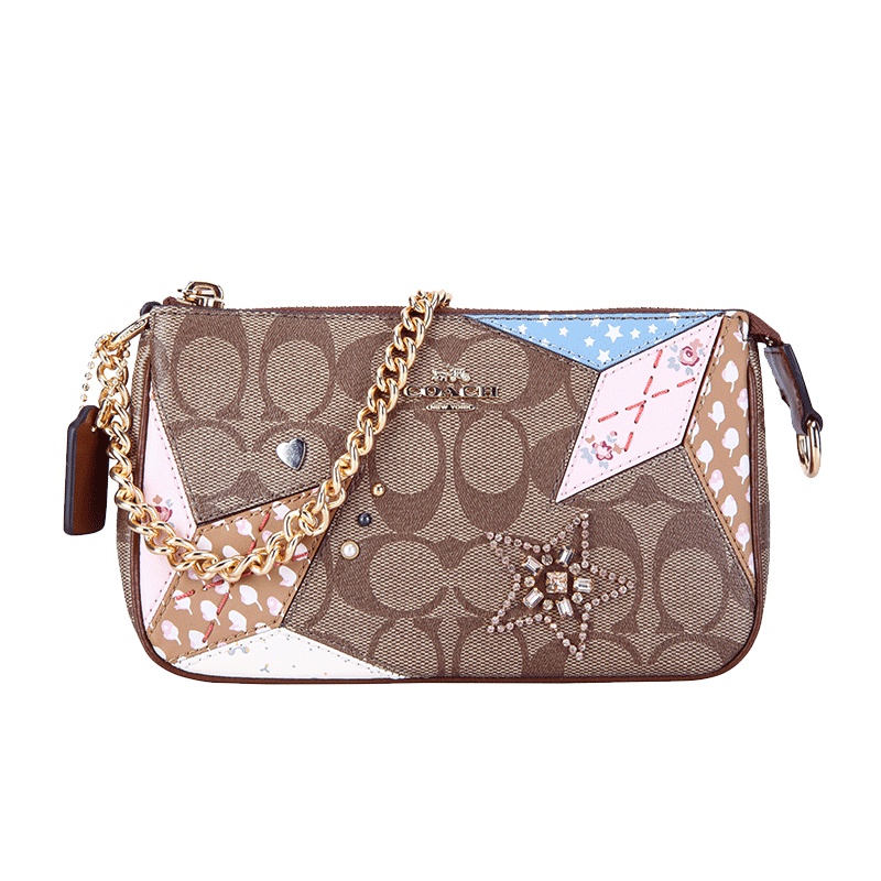 COACH 蔻驰 奢侈品 欧美时尚女士卡其色PVC印花手拎包手腕包女手包