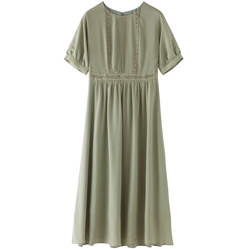 茵曼2019夏装新款圆领复古文艺绣花百搭收腰显瘦A字真丝连衣裙女