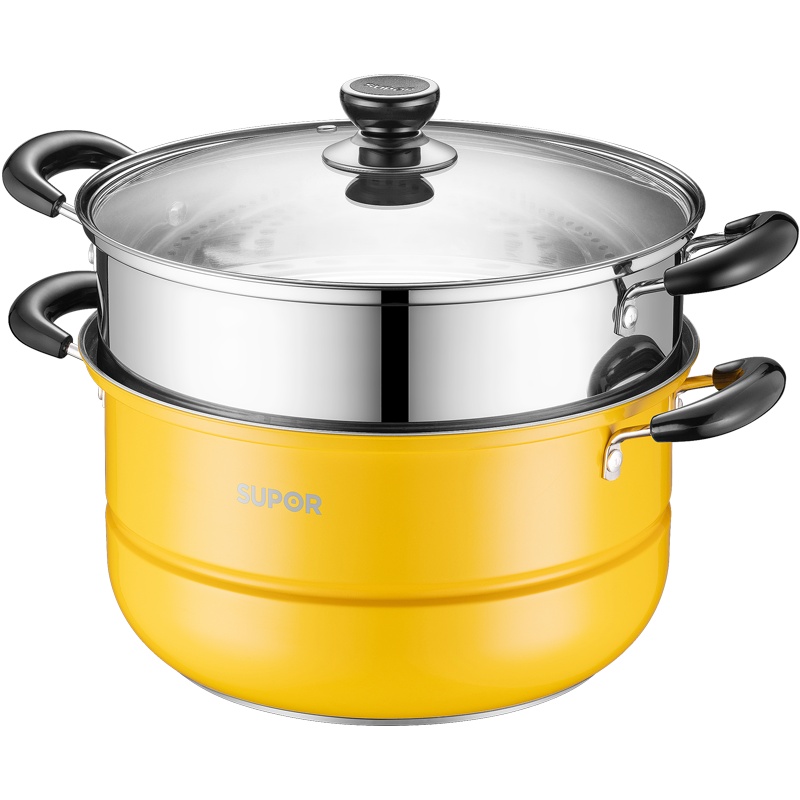苏泊尔 (SUPOR) 真味鲜食品级不锈钢双层复底蒸锅磁炉通用大容量可视玻璃 EZ28BS08 送隔热手套、碗碟夹或汤勺