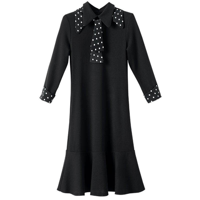 晚白2021春季新品减龄波点印花翻领高腰A字鱼尾裙通勤连衣裙女