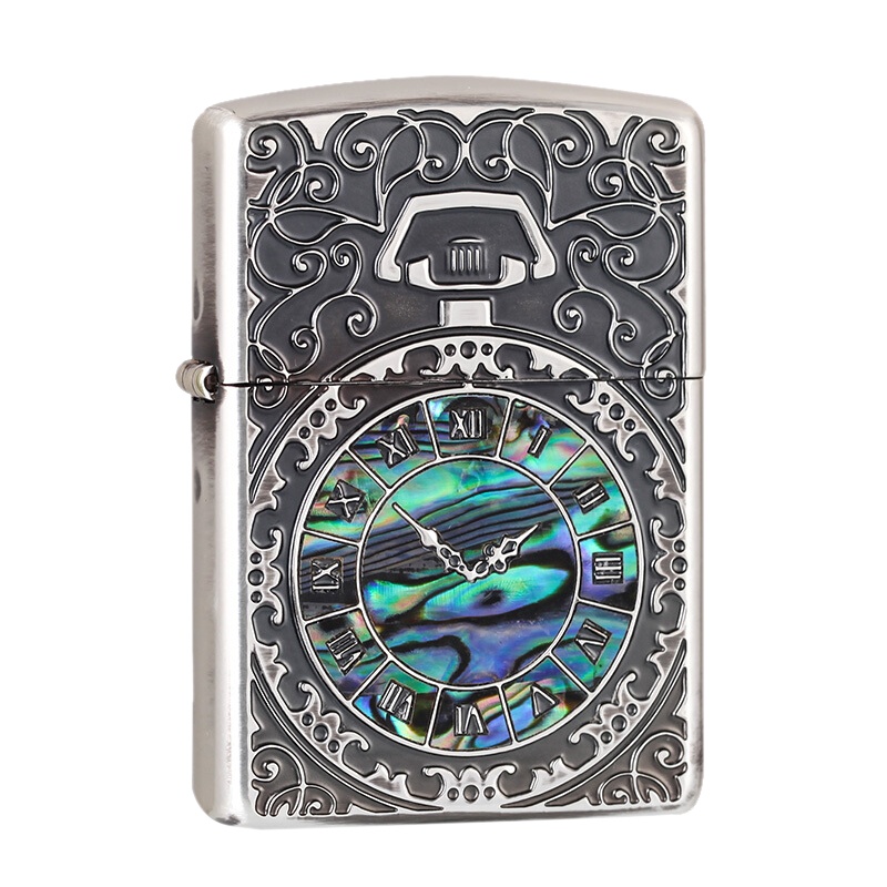 美国ZIPPO打火机 芝宝 藏版盔甲加厚天然贝壳镶嵌双面雕刻 怀表时钟 男士礼品