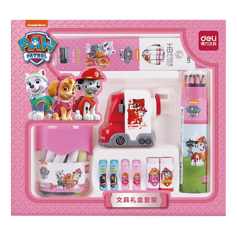 得力文具汪汪队立大功套装学生文具套装礼盒安全学生书写卷笔刀铅笔水彩笔彩铅橡皮擦图画本套装68893FEN
