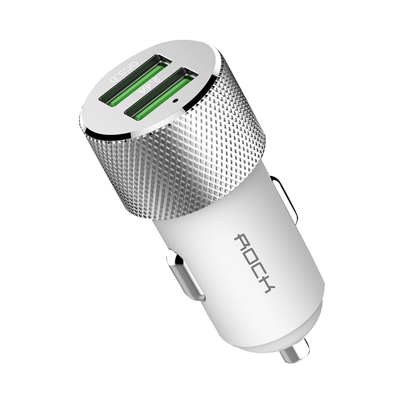 洛克(ROCK)QC3.0车载充电器一拖二车载点烟器5V/3.4A双USB车充智能快充白色