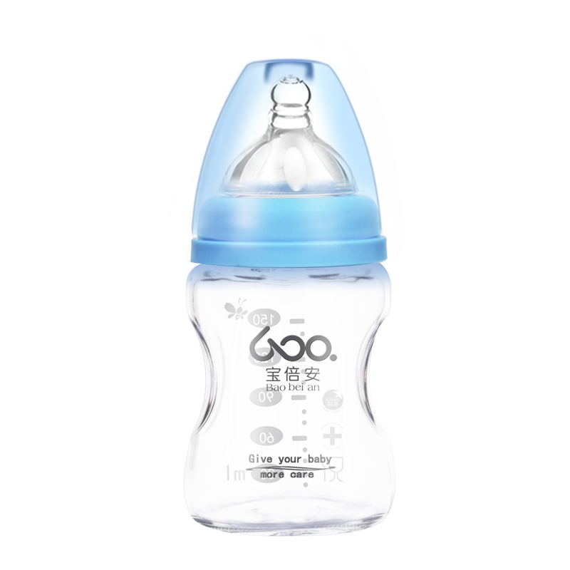 宝倍安(Bao bei an)新生儿专用宽口径玻璃奶瓶婴儿奶瓶宝宝防摔防爆防胀气150ml蓝色0-3月奶嘴[不带吸管]
