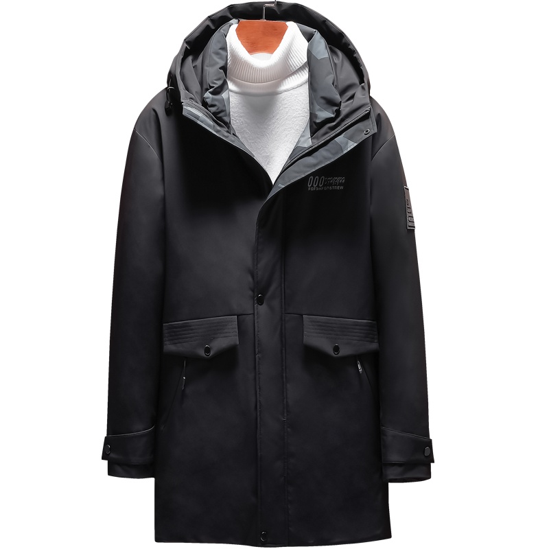 雅鹿男装新款时尚连帽男士羽绒服中长款印花羽绒外套1005YA19033