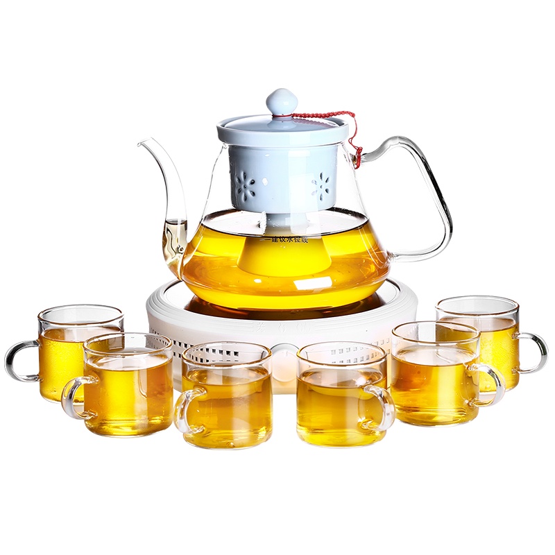 領藝 蒸汽煮茶器陶瓷玻璃煮茶壶普洱黑茶蒸茶器电陶炉烧茶具套装 冷濛配德润白6杯