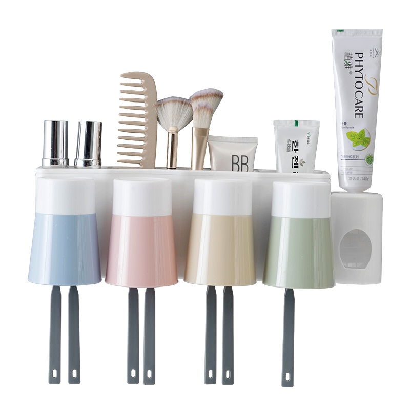 邦禾 免打孔创意牙刷置物架卫生间挂墙吸壁式牙刷缸套装挤牙膏器 漱口杯【北欧糖果色杯三口牙刷架+挤牙膏器】