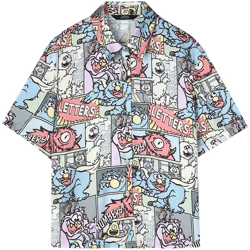 妖精的口袋涂鸦缎面短袖衬衫女2020夏季新款雪纺设计感小众衬衣潮