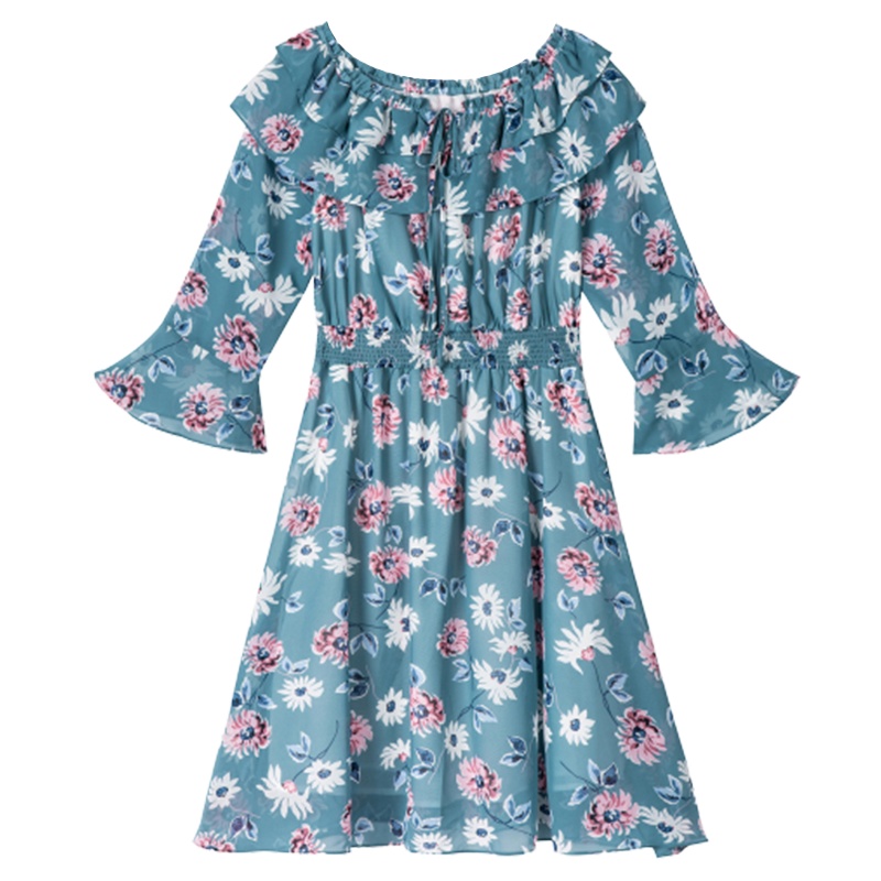 【专柜同款】拉夏贝尔秋冬新款碎花松紧腰荷叶边气质中长雪纺连衣裙女10018621