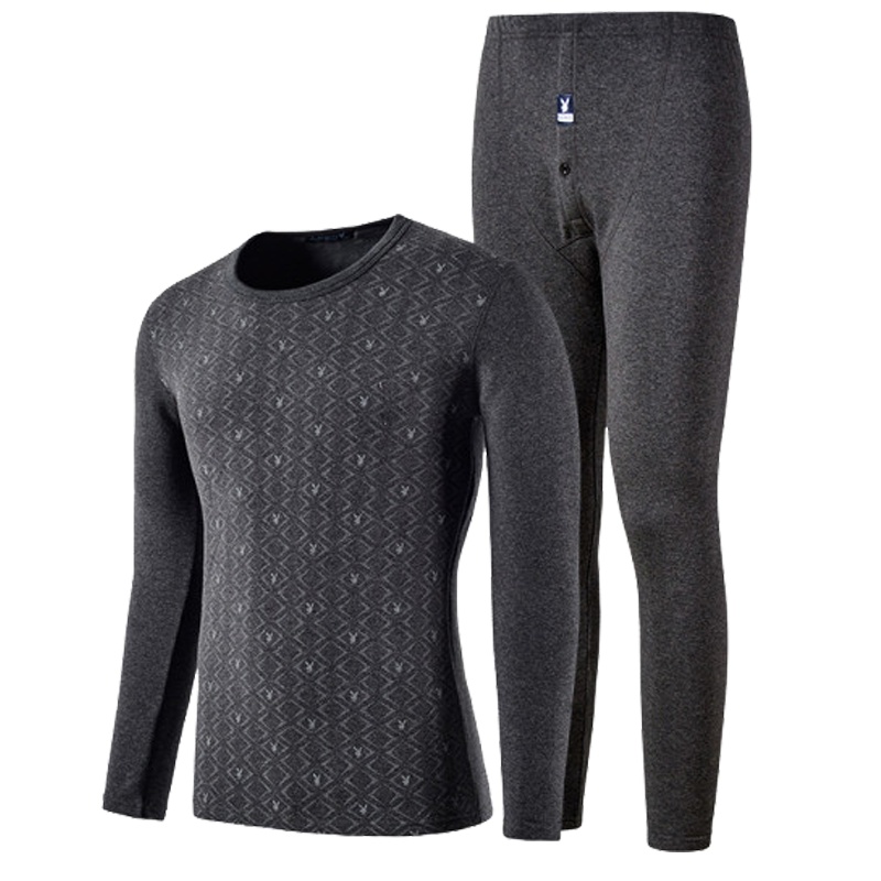 花花公子保暖内衣男加绒加厚纯色保暖男士圆领印花棉质打底秋衣秋裤秋冬季保暖套装长袖长裤8384