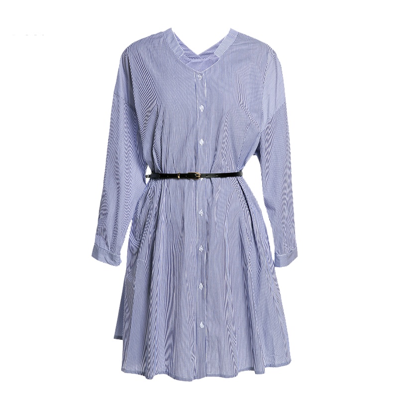 秋水伊人2019春装新品修身皮带系腰条纹中长款连衣裙FV02