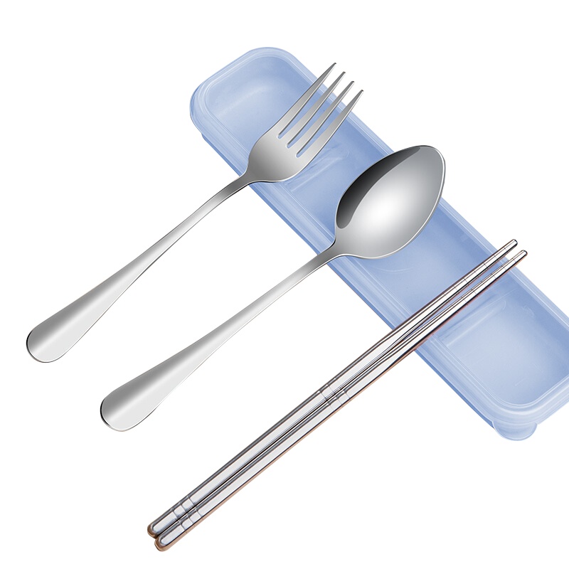 拾画 时尚不锈钢便携餐具 筷子勺子叉子盒装餐具四件套装 蓝色款SH-6361