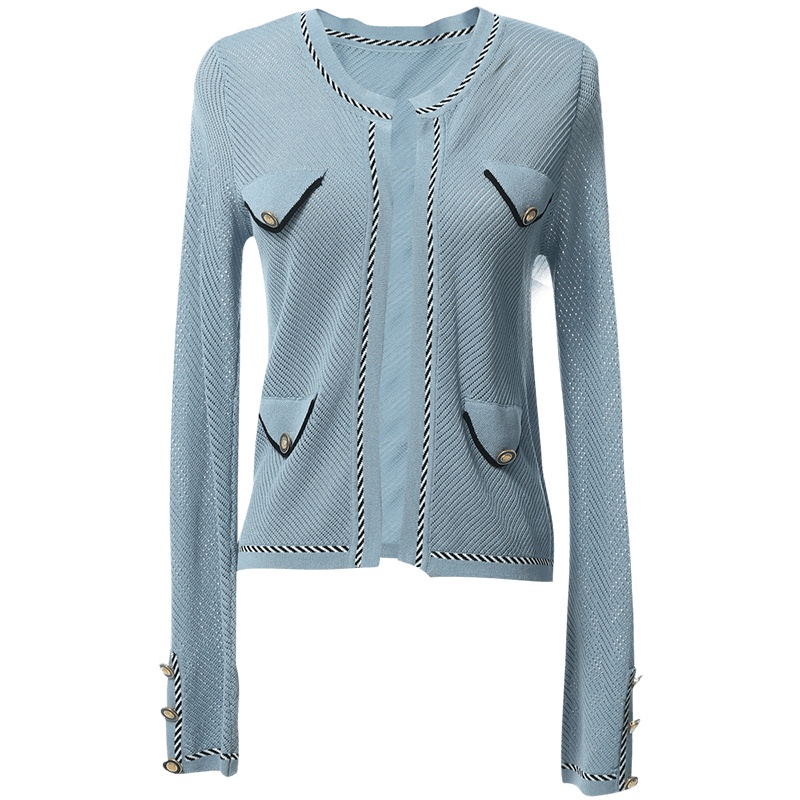 欧昵雪撞色圆领修身长袖薄款针织衫外套女短款上衣