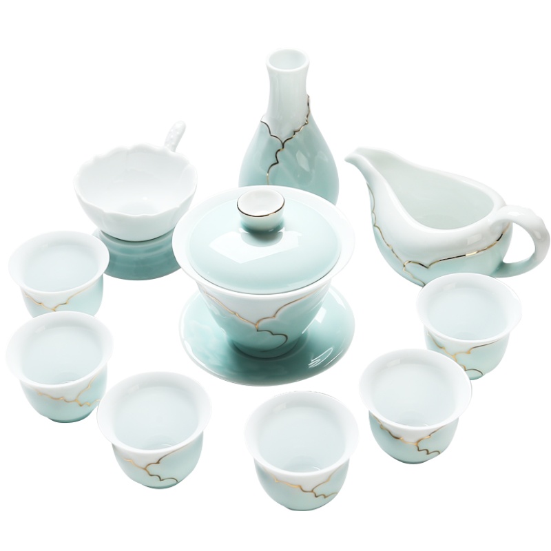 苏氏陶瓷(SUSHI CERAMICS) 茶具套装 忆荷陶瓷功夫茶具手绘描金茶杯子茶壶花瓶带礼盒装(三才盖碗)