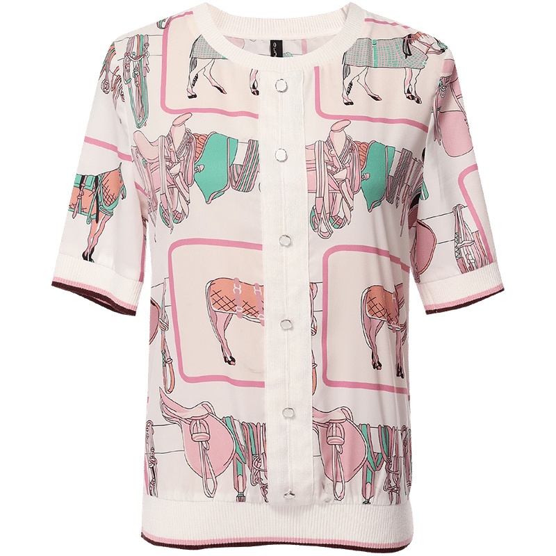 欧昵雪夏季套头圆领拼接短袖动物印花T恤女宽松显瘦上衣