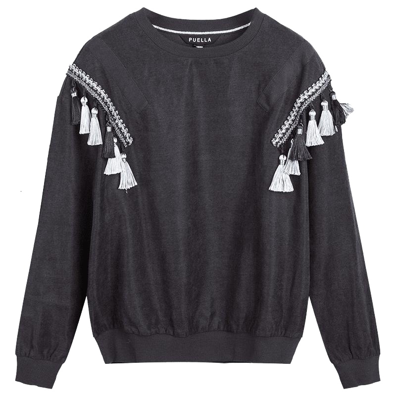 新款拉夏贝尔宽松圆领套头卫衣女新款韩版潮bf学生ulzzang流苏上衣20011353