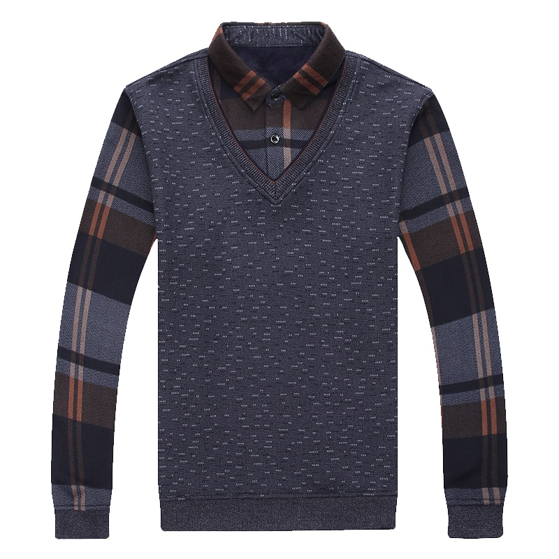 卡帝乐鳄鱼冬季新款男士假两件毛衣加绒保暖中年针织打底衫