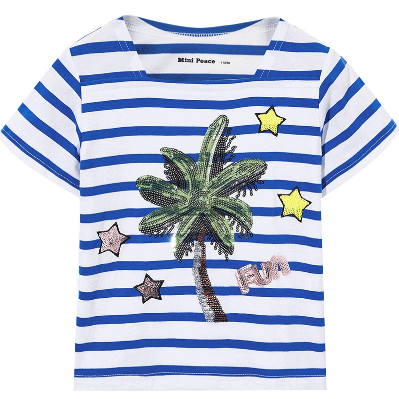 太平鸟童装女童T恤短袖蓝白条纹海军风儿童体恤上衣夏装新款