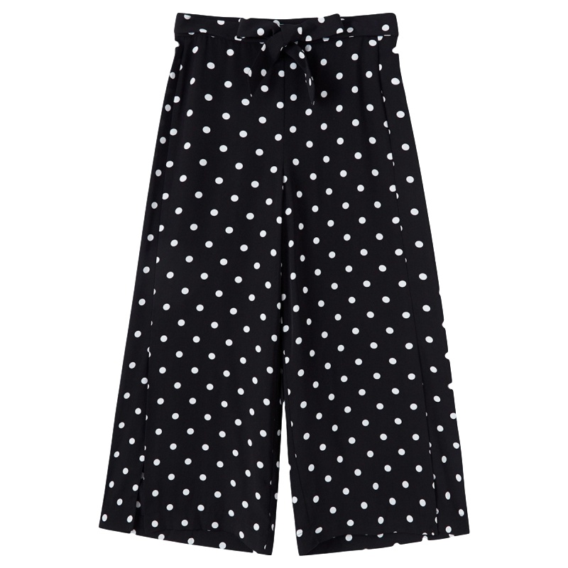 拉夏贝尔高腰波点七分裤子女新款夏装新款宽松百搭雪纺阔腿休闲裤子