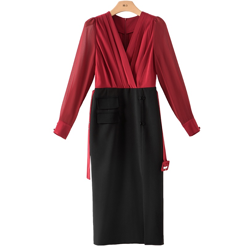 晚白2021春季新品拼色假两件V领长袖通勤职业高腰包臀裙连衣裙女