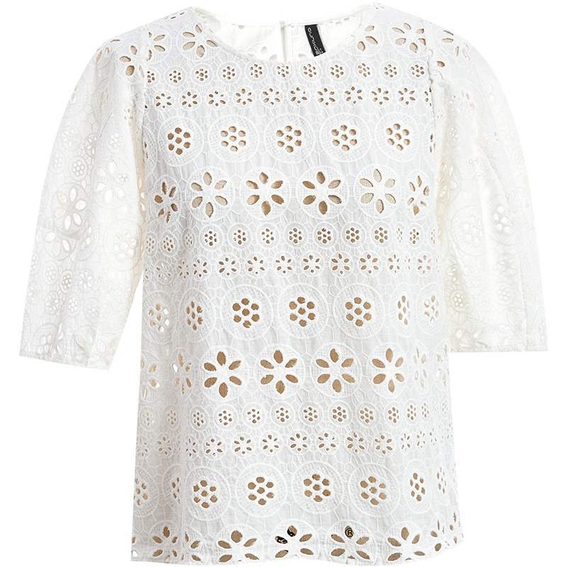 欧昵雪夏装圆领镂空勾花纯棉小衫女设计感五分袖显瘦上衣