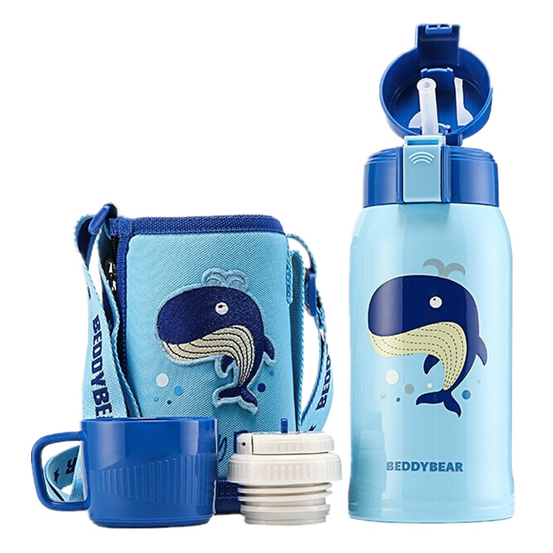 双盖浮雕鲸鱼款杯具熊BEDDYBEAR儿童保温杯带吸管儿童水杯316不锈钢宝宝儿童保温壶600ml