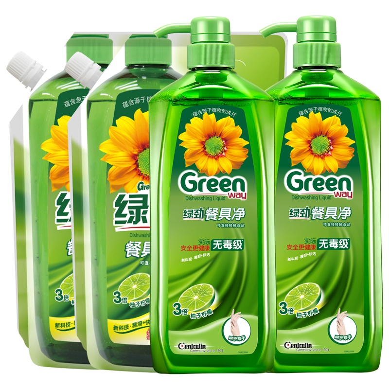 绿劲洗洁精双瓶双袋量贩组合(绿劲餐具净柚子柠檬1.28kg*2+袋装柚子柠檬1.3kg*2)威露士出品