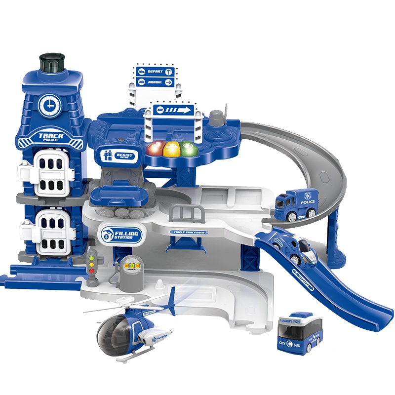成乐美Q版停车场轨道电动套装合金车消防警察工程小火车男孩玩具(警察系列:Q版合金停车场套装配四车)