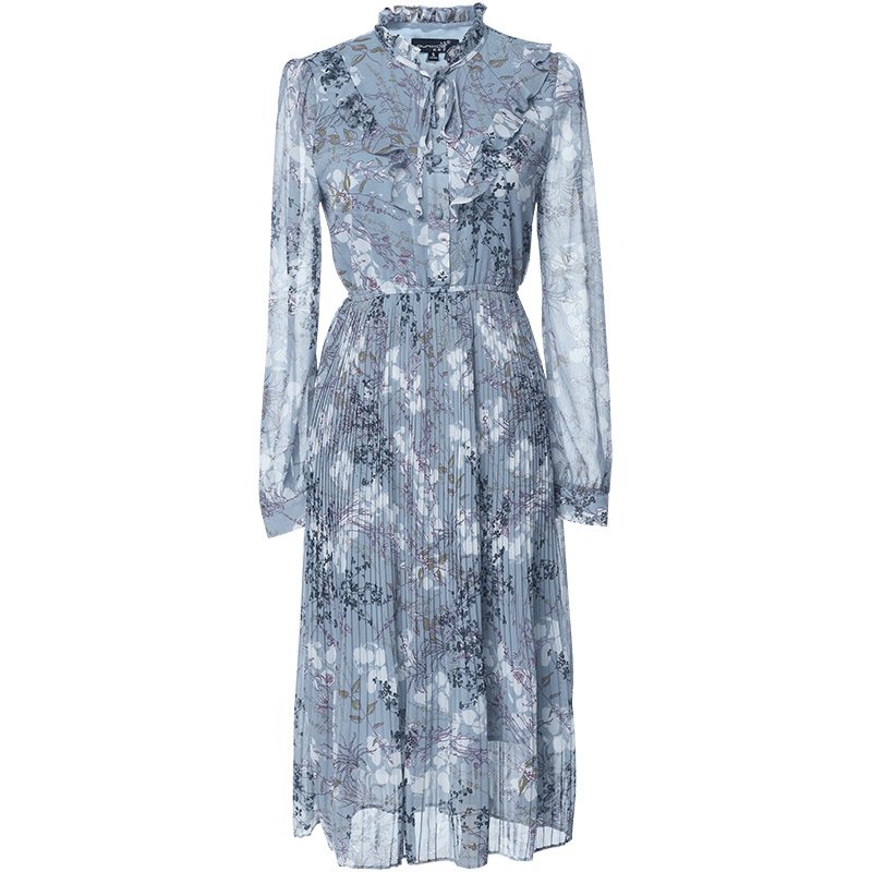 欧昵雪秋装木耳边蝴蝶结系带荷叶边拼接百褶碎花雪纺连衣裙女