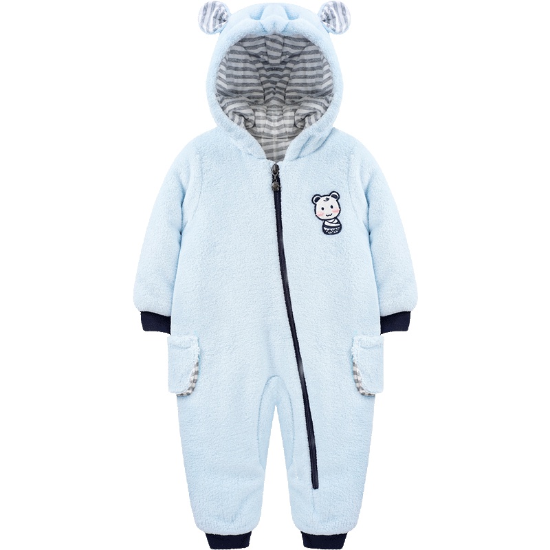 婴姿坊男童冬季夹棉保暖连体衣可爱宝宝纯色连帽拉链哈衣收脚爬爬服 66-80cm 3-18个月