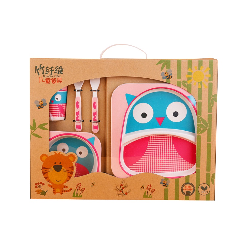 竹纤维儿童餐具套装五件套可爱卡通分格盘家用防摔宝宝学吃饭碗勺